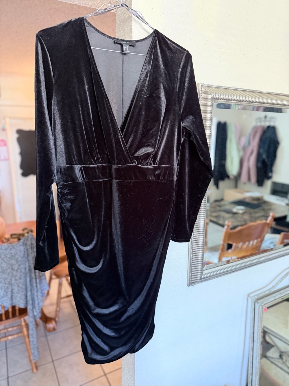 Forever 21 Black Velvet Wrap-Style Long Sleeve Dress